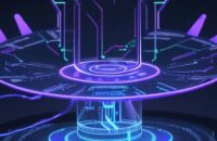 Ein futuristischer Mikrochip auf einem Glaspodest in einem High-Tech-Labor, der durch neonfarbene Lichtpulse die Datenverarbeitung und On-Device-KI symbolisiert.