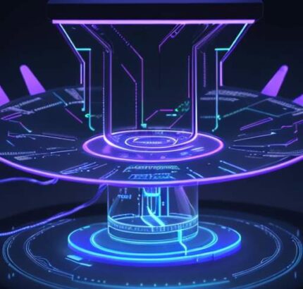 Ein futuristischer Mikrochip auf einem Glaspodest in einem High-Tech-Labor, der durch neonfarbene Lichtpulse die Datenverarbeitung und On-Device-KI symbolisiert.
