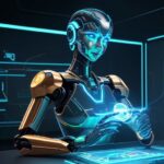 Ein futuristischer Roboterarm montiert präzise eine komplexe Platine in einem Labor, unterstützt durch ein leuchtendes holografisches Interface mit Datenströmen.