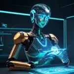 Ein futuristischer Roboterarm montiert präzise eine komplexe Platine in einem Labor, unterstützt durch ein leuchtendes holografisches Interface mit Datenströmen.