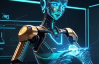 Ein futuristischer Roboterarm montiert präzise eine komplexe Platine in einem Labor, unterstützt durch ein leuchtendes holografisches Interface mit Datenströmen.