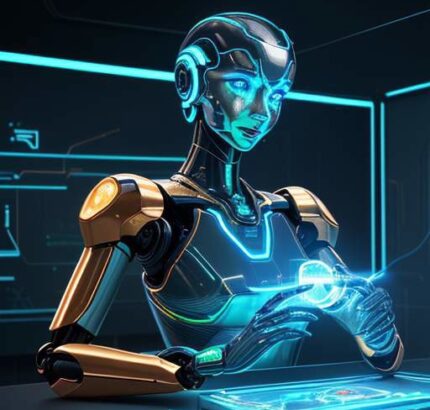 Ein futuristischer Roboterarm montiert präzise eine komplexe Platine in einem Labor, unterstützt durch ein leuchtendes holografisches Interface mit Datenströmen.