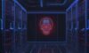 Ein futuristisches Datenzentrum mit leuchtenden Lichtern und einem holografischen Overlay, das Binärcode in ein Totenkopf-Symbol verwandelt, symbolisiert die technologische Komplexität moderner Cyberangriffe und Phishing-Methoden.