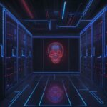 Ein futuristisches Datenzentrum mit leuchtenden Lichtern und einem holografischen Overlay, das Binärcode in ein Totenkopf-Symbol verwandelt, symbolisiert die technologische Komplexität moderner Cyberangriffe und Phishing-Methoden.