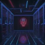Ein futuristisches Datenzentrum mit leuchtenden Lichtern und einem holografischen Overlay, das Binärcode in ein Totenkopf-Symbol verwandelt, symbolisiert die technologische Komplexität moderner Cyberangriffe und Phishing-Methoden.