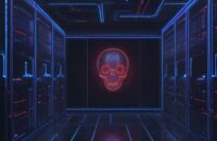 Ein futuristisches Datenzentrum mit leuchtenden Lichtern und einem holografischen Overlay, das Binärcode in ein Totenkopf-Symbol verwandelt, symbolisiert die technologische Komplexität moderner Cyberangriffe und Phishing-Methoden.