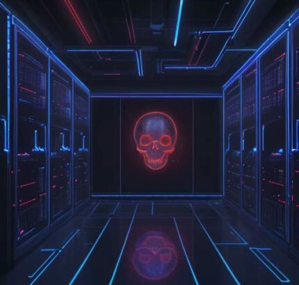 Ein futuristisches Datenzentrum mit leuchtenden Lichtern und einem holografischen Overlay, das Binärcode in ein Totenkopf-Symbol verwandelt, symbolisiert die technologische Komplexität moderner Cyberangriffe und Phishing-Methoden.