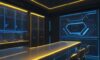 Ein futuristisches, hochmodernes Labor mit leuchtenden neuronalen Netzwerken und einem Server-Rack, das die technologische Komplexität und die Sicherheitsarchitektur von KI-Entwicklungen symbolisiert.