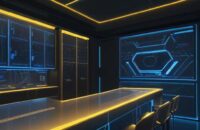 Ein futuristisches, hochmodernes Labor mit leuchtenden neuronalen Netzwerken und einem Server-Rack, das die technologische Komplexität und die Sicherheitsarchitektur von KI-Entwicklungen symbolisiert.
