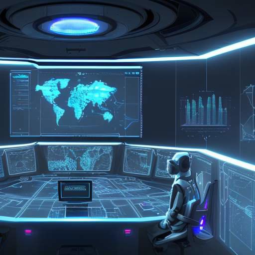 Ein futuristisches Kontrollzentrum mit einer holografischen Stadtkarte, auf der autonome Lieferdrohnen und Roboter gesteuert werden, während Operatoren Datenströme auf Glasbildschirmen überwachen.