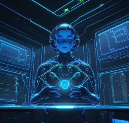Ein futuristisches Labor, in dem ein holografisches menschliches Gehirn von leuchtenden Datenströmen analysiert wird, symbolisiert die komplexe Verknüpfung von KI-Technologie und neuronalen Netzwerken.