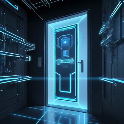 Ein futuristisches, leuchtend blaues digitales Tresortor aus Schaltkreisen wird von einem Roboterarm verstärkt, während goldene Binärcodes im Inneren sichtbar sind. Symbol für hochmoderne Datensicherheit und technologische Schutzmaßnahmen.