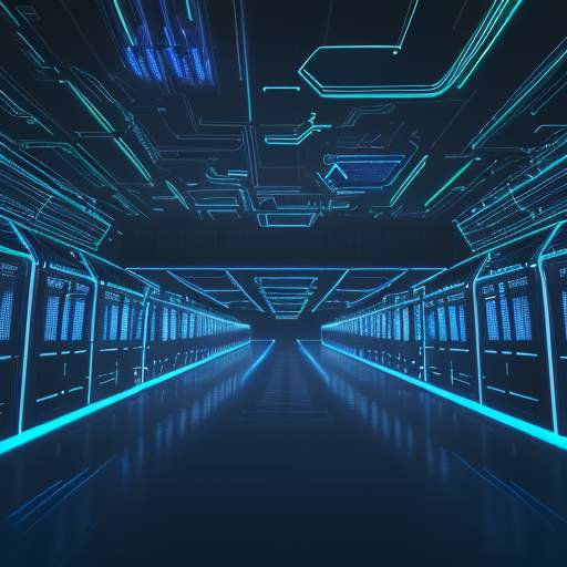 Ein futuristisches Rechenzentrum mit leuchtenden Servern und einer holografischen Weltkugel, die globale Datenströme visualisiert.