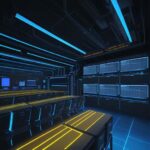 Ein futuristisches Rechenzentrum mit leuchtenden Servern und einem holografischen Schutzschild über Datenknoten als Symbol für Cybersicherheit und den Schutz geistigen Eigentums.