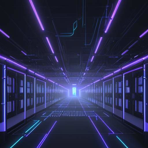 Ein futuristisches Rechenzentrum mit Reihen von schwarzen Serverracks, die in neonblauem und violettem Licht leuchten, und einer leichten Nebelatmosphäre in einem langen Gang.