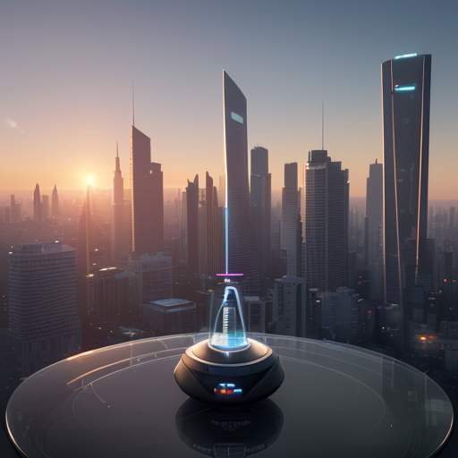Ein futuristisches Stadtpanorama bei Sonnenaufgang im Hintergrund, während im Vordergrund ein Smartphone mit einem leuchtenden Mikrochip auf einem Glastisch liegt.