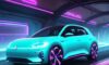 Ein futuristisches Volkswagen Elektroauto fährt durch einen neonbeleuchteten Tunnel, umgeben von digitalen Datenströmen, die die enge Verbindung zwischen Fahrzeugtechnik und Software symbolisieren.