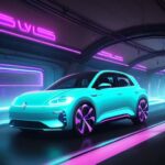 Ein futuristisches Volkswagen Elektroauto fährt durch einen neonbeleuchteten Tunnel, umgeben von digitalen Datenströmen, die die enge Verbindung zwischen Fahrzeugtechnik und Software symbolisieren.