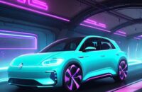 Ein futuristisches Volkswagen Elektroauto fährt durch einen neonbeleuchteten Tunnel, umgeben von digitalen Datenströmen, die die enge Verbindung zwischen Fahrzeugtechnik und Software symbolisieren.