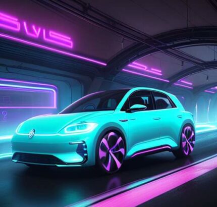 Ein futuristisches Volkswagen Elektroauto fährt durch einen neonbeleuchteten Tunnel, umgeben von digitalen Datenströmen, die die enge Verbindung zwischen Fahrzeugtechnik und Software symbolisieren.