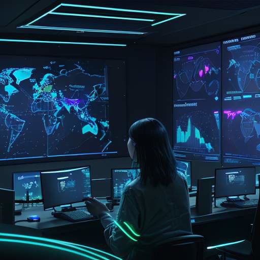 Ein hochmoderner Security Operations Center (SOC) mit Analysten, die auf großen Bildschirmen und holografischen Dashboards Echtzeit-Datenströme und Bedrohungsszenarien überwachen.