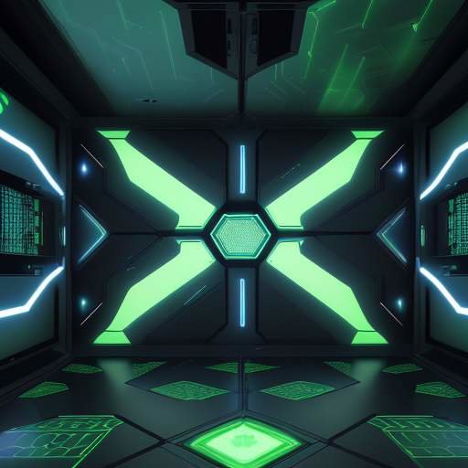 Ein hochmoderner Serverraum mit leuchtenden LEDs und einem digitalen Hexagon-Schild als Symbol für fortschrittliche Cybersicherheit und den Schutz von Finanzdaten.