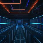 Ein hochmodernes Serverzentrum mit leuchtenden Neonlichtern und einem flackernden holografischen Schild, das durch herabfallende Binärcodes eine Sicherheitslücke im Bereich der Cybersicherheit symbolisiert.