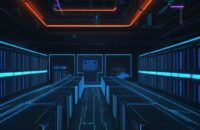 Ein hochmodernes Serverzentrum mit leuchtenden Neonlichtern und einem flackernden holografischen Schild, das durch herabfallende Binärcodes eine Sicherheitslücke im Bereich der Cybersicherheit symbolisiert.