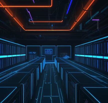 Ein hochmodernes Serverzentrum mit leuchtenden Neonlichtern und einem flackernden holografischen Schild, das durch herabfallende Binärcodes eine Sicherheitslücke im Bereich der Cybersicherheit symbolisiert.