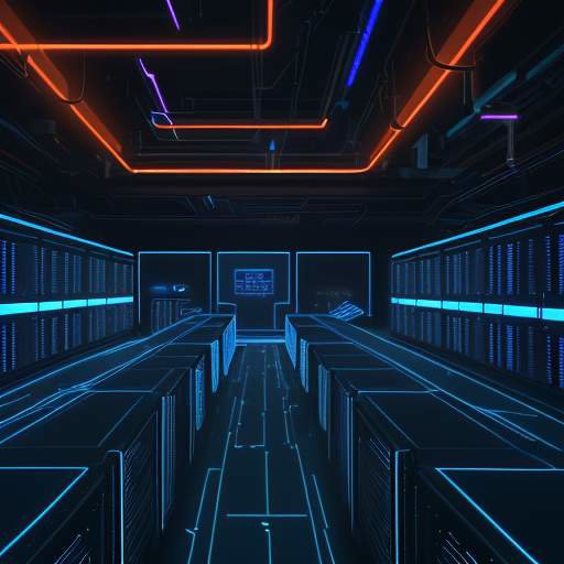 Ein hochmodernes Serverzentrum mit leuchtenden Neonlichtern und einem flackernden holografischen Schild, das durch herabfallende Binärcodes eine Sicherheitslücke im Bereich der Cybersicherheit symbolisiert.
