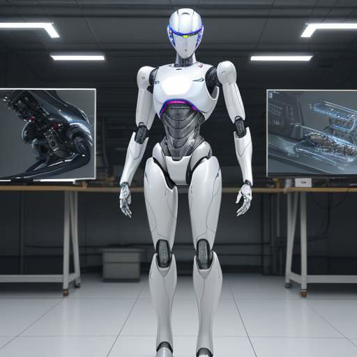 Ein humanoider Roboter mit glänzendem Metallgehäuse hält ein präzises Bauteil in einer modernen Werkstatt vor einem Hintergrund mit technischen Blaupausen.