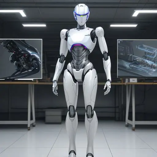 Ein humanoider Roboter mit glänzendem Metallgehäuse hält ein präzises Bauteil in einer modernen Werkstatt vor einem Hintergrund mit technischen Blaupausen.