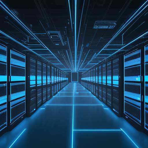 Ein modern gestaltetes Rechenzentrum mit leuchtenden blauen LEDs und metallischen Serverracks, das eine hochmoderne Dateninfrastruktur und technologische Präzision visualisiert.