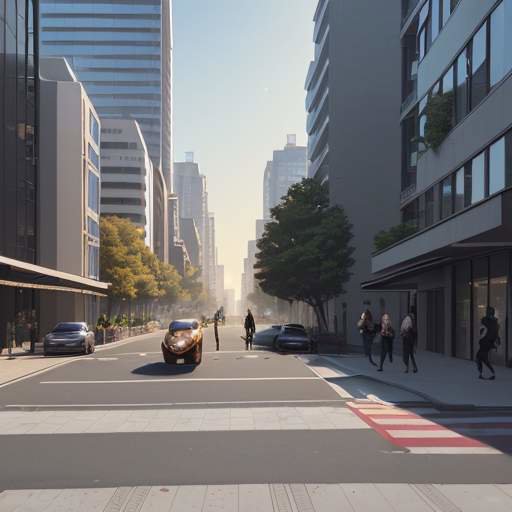 Ein moderner Lieferroboter mit mattem Finish fährt sicher auf einem Gehweg in einer Stadt, während eine Person in der Nähe spaziert. Die Szene im warmen Licht der Abendsonne zeigt die harmonische Integration von KI-Agenten in den urbanen Alltag.