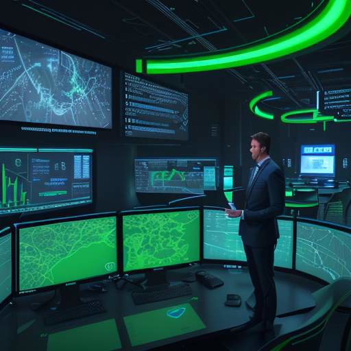 Ein moderner, technologisch ausgestatteter Sicherheitsraum mit großen Monitoren, die Datenströme und Grafiken anzeigen, während eine Person vor einem Bildschirm mit einem Tresor-Symbol steht.
