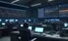 Ein modernes, hochmodernes Newsroom-Studio bei Nacht, in dem Journalisten an Desks mit Monitoren arbeiten, die komplexe Datenvisualisierungen und leuchtende KI-Netzwerke zeigen. Die Szene unterstreicht die Symbiose von menschlicher Kreativität und…
