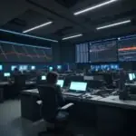 Ein modernes, hochmodernes Newsroom-Studio bei Nacht, in dem Journalisten an Desks mit Monitoren arbeiten, die komplexe Datenvisualisierungen und leuchtende KI-Netzwerke zeigen. Die Szene unterstreicht die Symbiose von menschlicher Kreativität und…