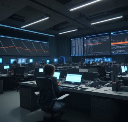 Ein modernes, hochmodernes Newsroom-Studio bei Nacht, in dem Journalisten an Desks mit Monitoren arbeiten, die komplexe Datenvisualisierungen und leuchtende KI-Netzwerke zeigen. Die Szene unterstreicht die Symbiose von menschlicher Kreativität und…