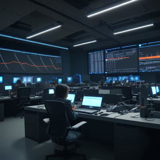 Ein modernes, hochmodernes Newsroom-Studio bei Nacht, in dem Journalisten an Desks mit Monitoren arbeiten, die komplexe Datenvisualisierungen und leuchtende KI-Netzwerke zeigen. Die Szene unterstreicht die Symbiose von menschlicher Kreativität und…