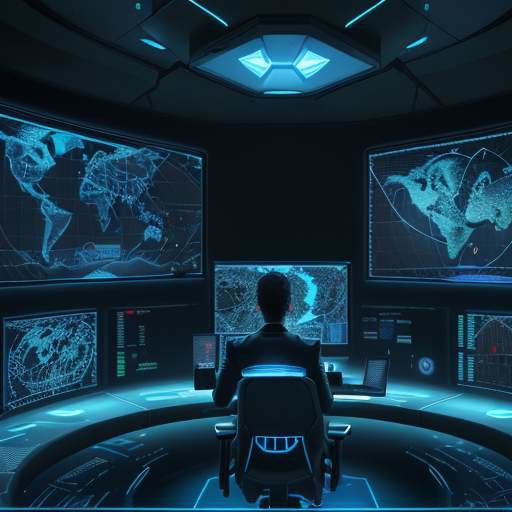 Ein professioneller Operator in einem futuristischen Kontrollzentrum bedient eine holografische Schnittstelle vor Bildschirmen mit Weltkarten und komplexen Datenvisualisierungen in einer atmosphärischen, blau getönten Umgebung.