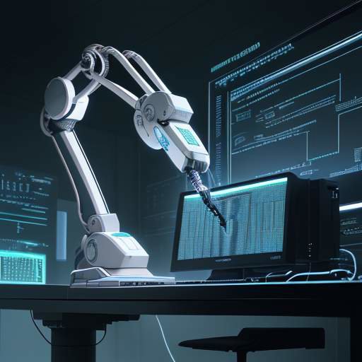 Ein Roboterarm setzt präzise einen leuchtenden Mikrochip auf eine Platine in einem High-Tech-Labor vor dem Hintergrund von Code-Monitoren.