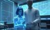 Ein Softwareentwickler und eine leuchtende KI-Hologramm-Entität arbeiten gemeinsam an einer schwebenden 3D-Karte eines komplexen Softwaresystems in einem futuristischen Labor.