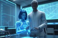 Ein Softwareentwickler und eine leuchtende KI-Hologramm-Entität arbeiten gemeinsam an einer schwebenden 3D-Karte eines komplexen Softwaresystems in einem futuristischen Labor.