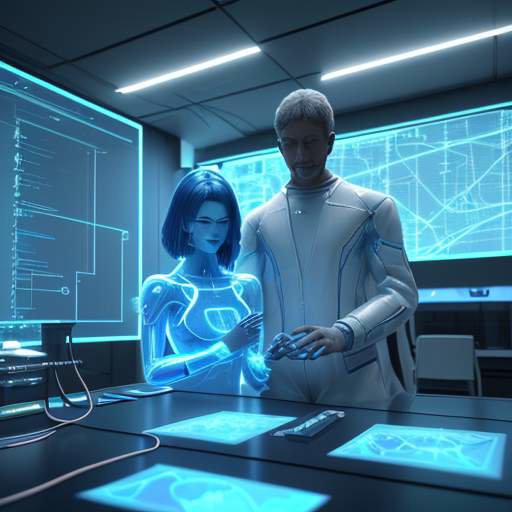 Ein Softwareentwickler und eine leuchtende KI-Hologramm-Entität arbeiten gemeinsam an einer schwebenden 3D-Karte eines komplexen Softwaresystems in einem futuristischen Labor.