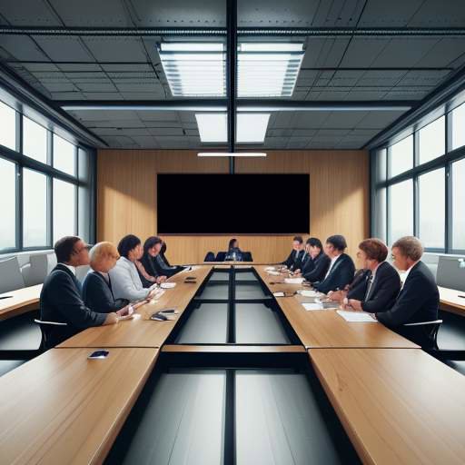 Eine diverse Gruppe von Experten und Entscheidungsträgern diskutiert in einem modernen Konferenzraum ethische Leitlinien und Datenanalysen auf einer großen digitalen Anzeige.