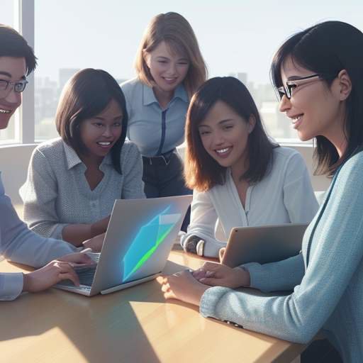 Eine diverse Gruppe von Fachleuten arbeitet in einem modernen Büro zusammen und diskutiert Datenvisualisierungen auf Tablets und Laptops, was die KI-gestützte Transformation im Finanzwesen symbolisiert.