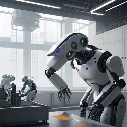 Eine futuristische Fabrik, in der humanoide Roboter und Menschen gemeinsam an Maschinen zusammenarbeiten, was die physische Autonomie von KI-Agenten symbolisiert.