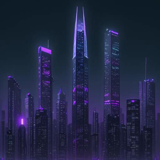 Eine futuristische Stadtlandschaft bei Nacht mit leuchtenden Neonlinien, die die Hochhäuser wie ein digitales Netz verbinden und eine technologische Atmosphäre schaffen.