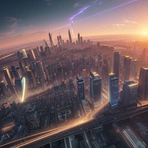 Eine futuristische Stadtlandschaft bei Sonnenaufgang, in die holografische Datenströme und leuchtende Glasfaserkabel integriert sind, die eine neue Ära sicherer Technologie symbolisieren.