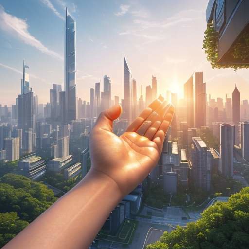 Eine futuristische Stadtlandschaft bei Sonnenaufgang mit integrierter Natur und Technologie, in der eine Hand ein leuchtendes Gerät hält, das ein holografisches Häkchen als Symbol für Sicherheit und Erfolg projiziert.